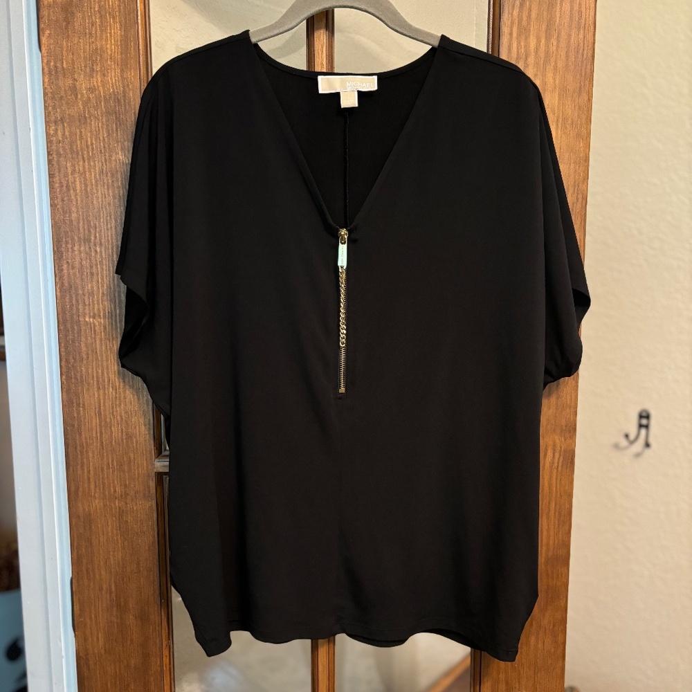 Michael Kors Butterfly Sleeve Black Top with Gold Zipper, Size L